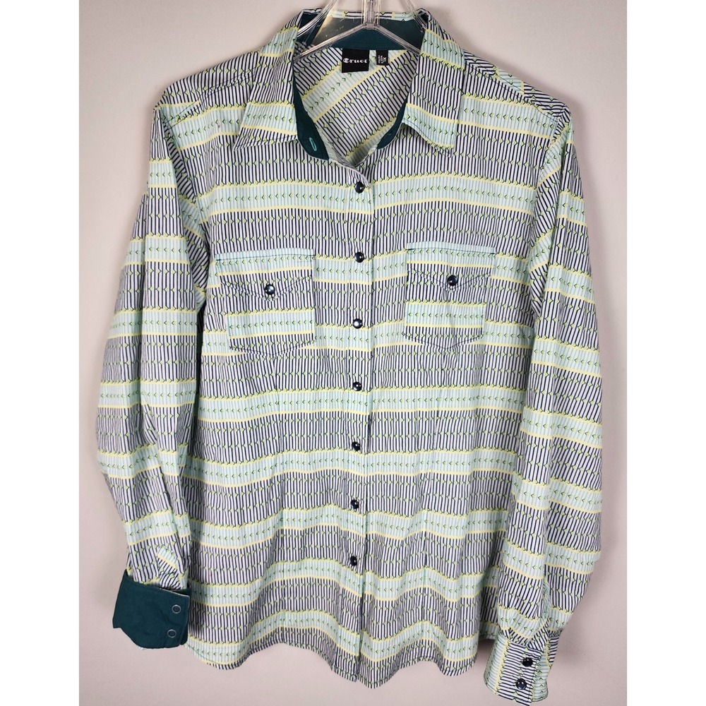 Cruel‎ Girl Pearl Snap Button Western Shirt Womens Size XL Green Blue Equestrian